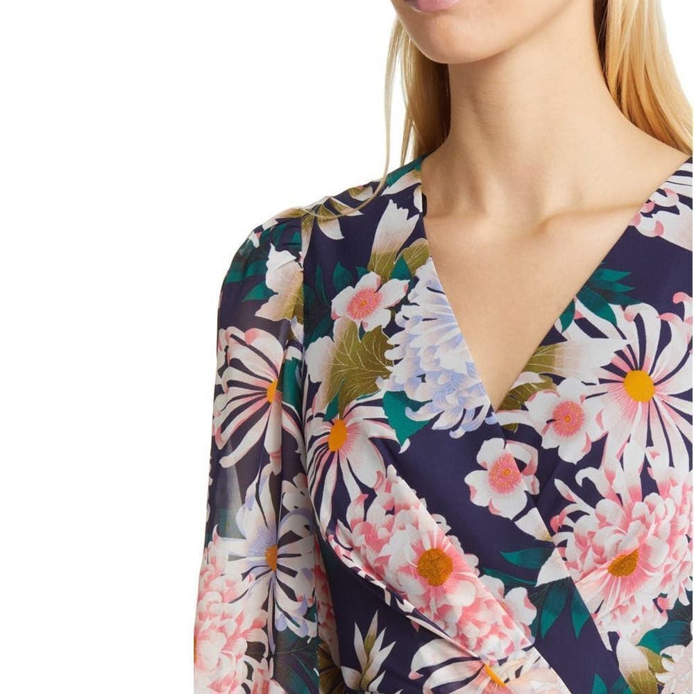 Eliza J Floral Long Sleeve High-Low Faux Wrap Dress Women's 8 Blue Floral NWT - Picture 11 of 12